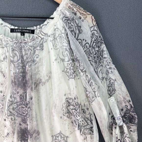 Whimsical Soft Sheer Silky Peasant‎ Blouse Floral 3/4 Sleeves Size L White Gray - Picture 9 of 11